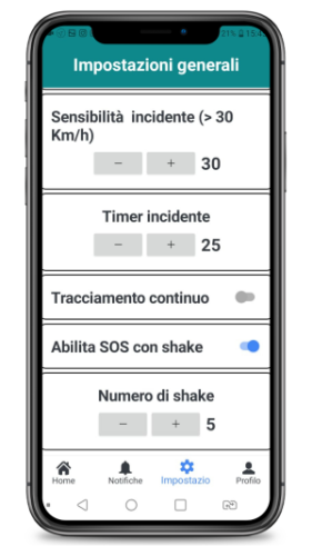Impostazioni Generali dell app Help Family conin evidenza la funzione SHAKE